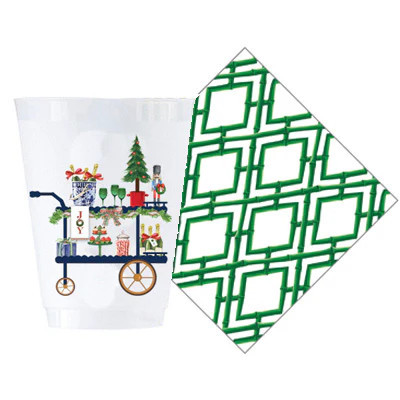 Bundle: Christmas Bar Cart Shatterproof Cups and Green Bamboo Trellis Cocktail Napkins | WH Hostess Social Stationery