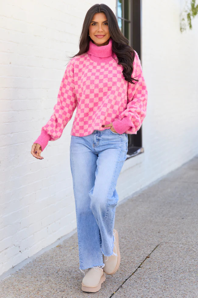 Kelli Pink Checkered Turtleneck Sweater | Pink Lily
