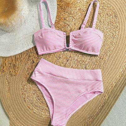 Women 2pcs/Set Strap Striped Bikini Set, High Waist Triangle Swimwear | SHEIN