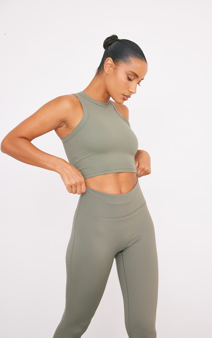 Olive Sculpt Cropped Gym Racer Top | PrettyLittleThing US