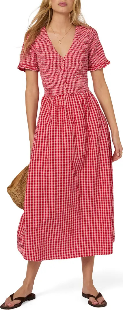 Eliza Gingham Smocked Bodice Organic Cotton Seersucker Midi Dress | Nordstrom