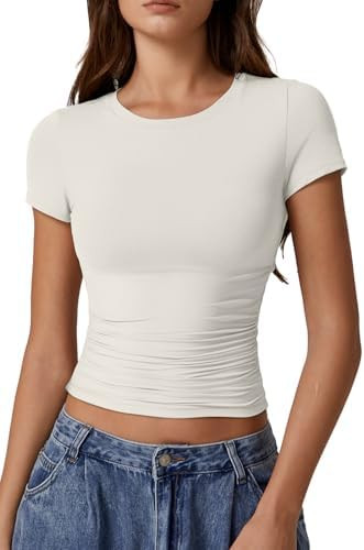 QINSEN Short Sleeve Shirts for Women Round Neck Basic Double Lined Tees Fitted Y2k Crop Tops | Amazon (US)