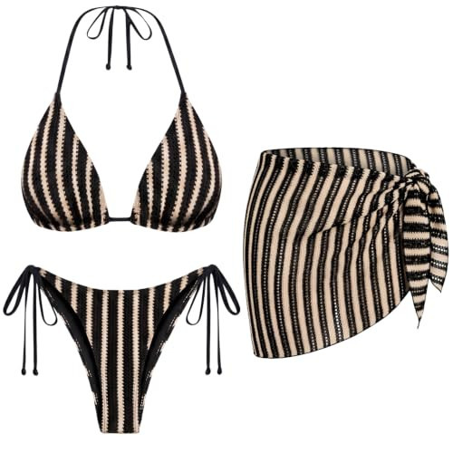 Black Women's 3 Piece Sexy Triangle Crochet Bikini Set - Halter Tie Side Swimsuit with Cover Up for Beach Vacation 2026 XS | Amazon (US)