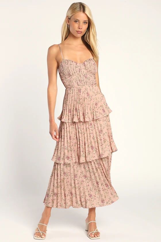 Cascading Crush Pink Floral Print Tiered Bustier Midi Dress | Lulus (US)