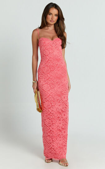 Carli Maxi Dress - Adjustable Strap Corset Bodycon Lace Dress in Watermelon | Showpo (US, UK & Europe)