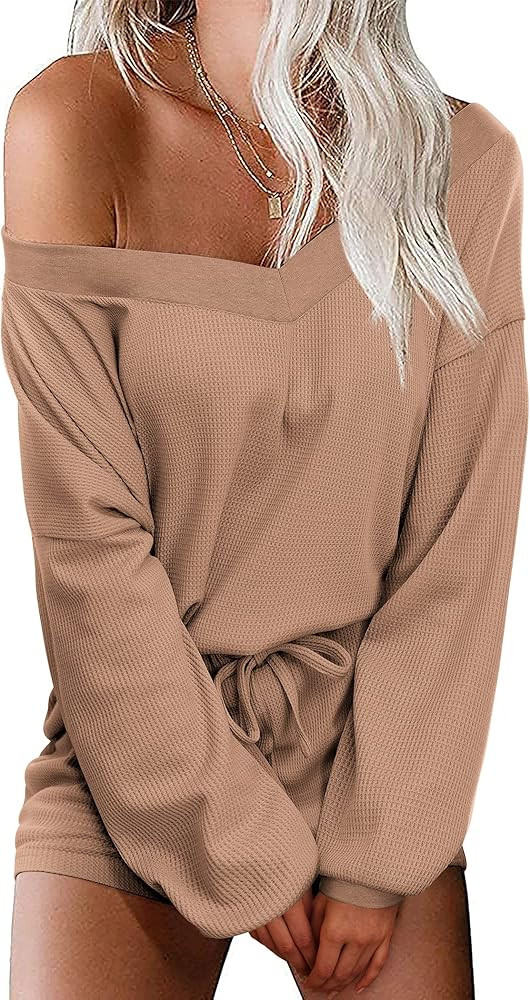 Ekouaer Womens Pajama Set Waffle Knit Lounge Set V Neck Off Shoulder Sleepwear Long Sleeve Top an... | Amazon (US)