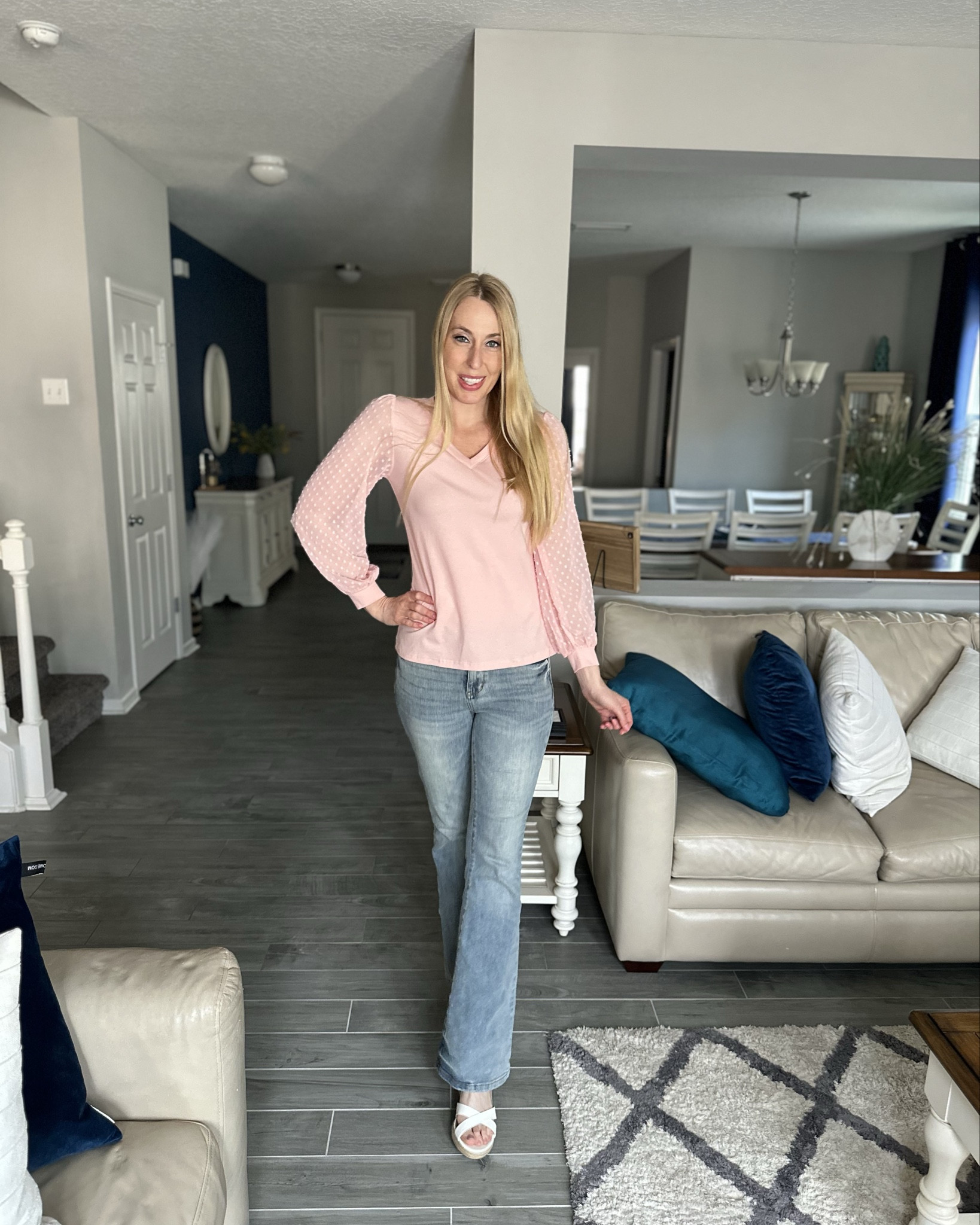 Pink long sleeve Swiss dot top and jeans
💓 I love this top. It is soft and stretchy. The sleeves are adorable 
💓these jeans are great with everything. I love the flair style and wearing size 3
💓 wearing size small, fits true to size and I am 5’10”

#LTKWatchNow #LTKFindsUnder50 #LTKStyleTip