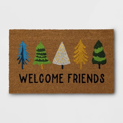1'6"x2'6" Christmas 'Welcome Friends' Tree Coir Doormat Green/Blue/White - Wondershop™ | Target