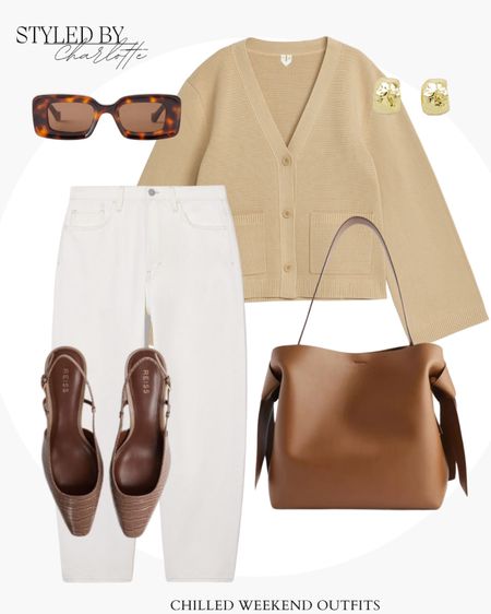 Weekend outfit, cardigan, Arket, white jeans, casual outfit, sunglasses, acne studios, gold studs, neutral outfit 

#LTKeurope #LTKstyletip #LTKSeasonal