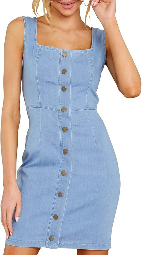 luvamia Women's Casual V Neck Sleeveless Jeans Button Down Denim Short Dress | Amazon (US)