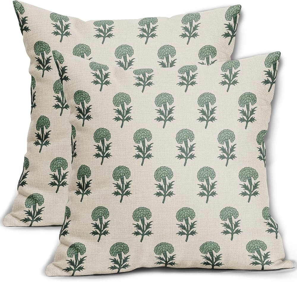 Sage Green Block Print Pillow Covers 18x18 Inch Set of 2 Vintage Floral Print Decorative Throw Pi... | Amazon (US)