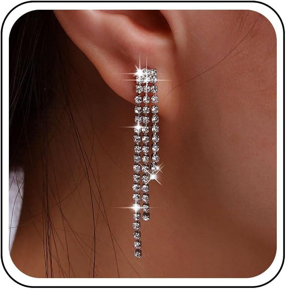 Boho Rhinestone Tassel Earrings Silver Long Crystal Chain Earrings Long Crystal Cz Drop Earrings ... | Amazon (US)