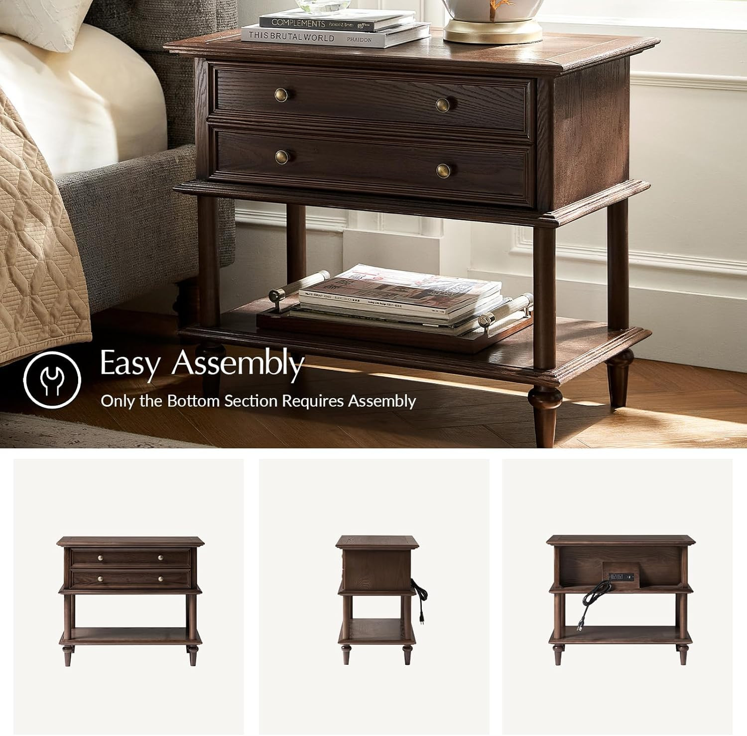 HULALA HOME Bedroom Nightstand with Solid Wood Frame, Walnut Bedside Table with Charging Station,... | Amazon (US)