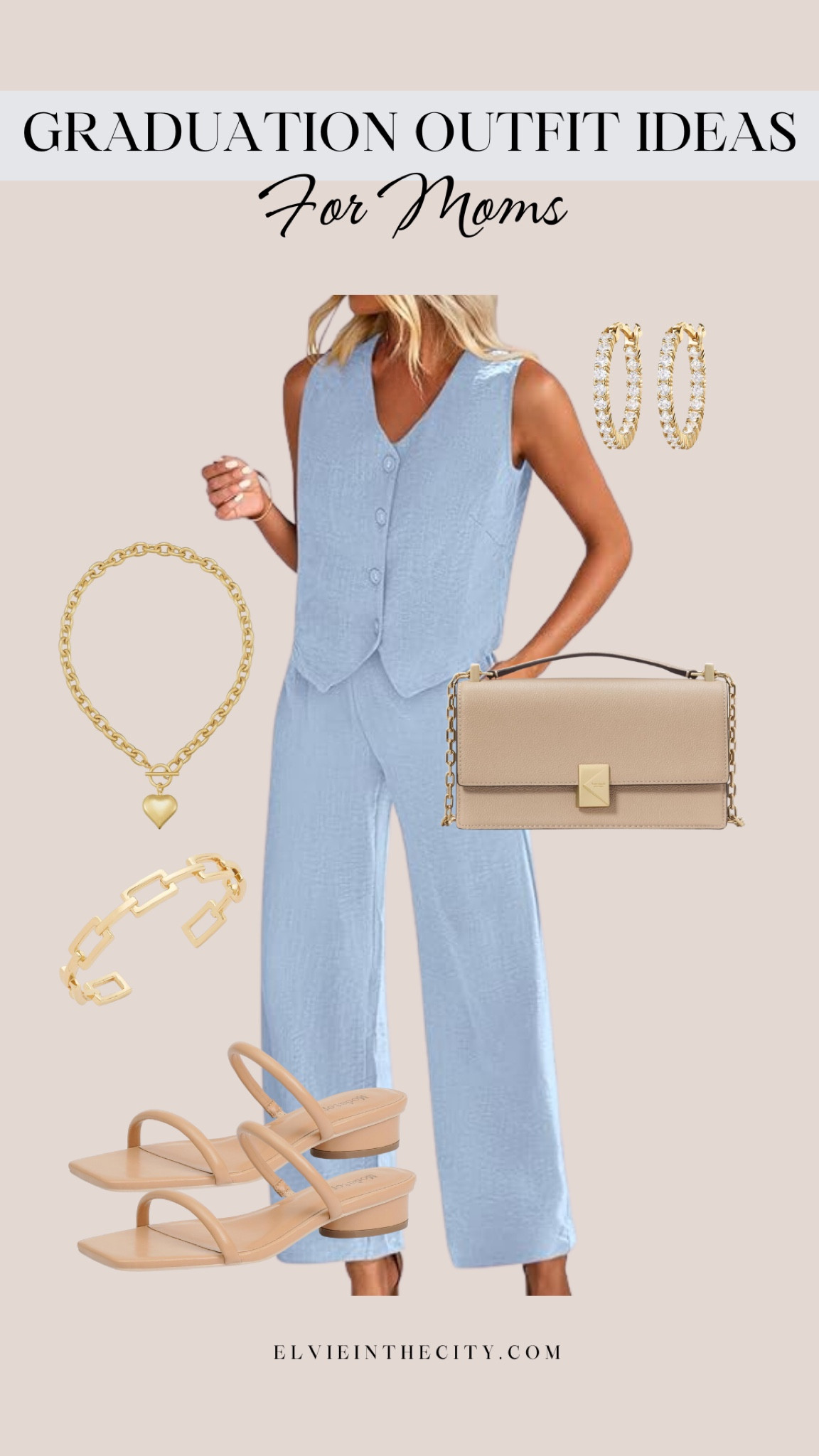 This graduation outfit idea for moms includes a light blue vest and pants set paired with a nude Kate Spade purse, nude strappy heels, a chunky gold heart necklace, gold cuff bracelet, and rhinestone hoop earrings.

Graduation outfit, Easter outfit, amazon fashion, spring outfit, ootd, fashion over 40, fashion over 50

#LTKOver40 #LTKStyleTip #LTKFindsUnder50