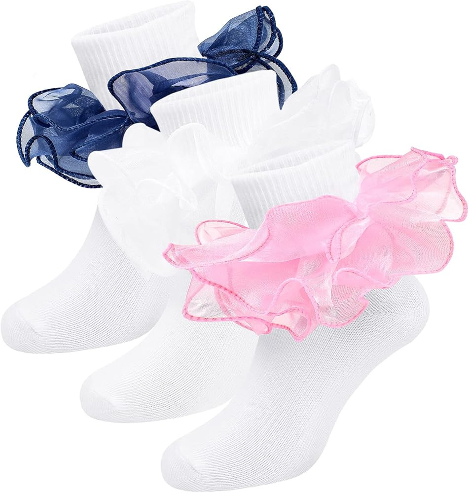 Witwot Girls Ruffle Socks Toddler Double Lace Frilly Pageant Dress Sock Turn Cuff Socks | Amazon (US)