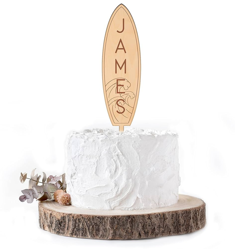 Surfboard Cake Topper - Custom Surfing Cake Topper - Boho Cake Topper - Natural Wood Cake Topper ... | Amazon (US)