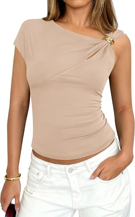 PRETTYGARDEN Womens Summer Tops 2026 One Shoulder Buckle Cut Out Asymmetrical Y2K T-Shirts Knit S... | Amazon (US)