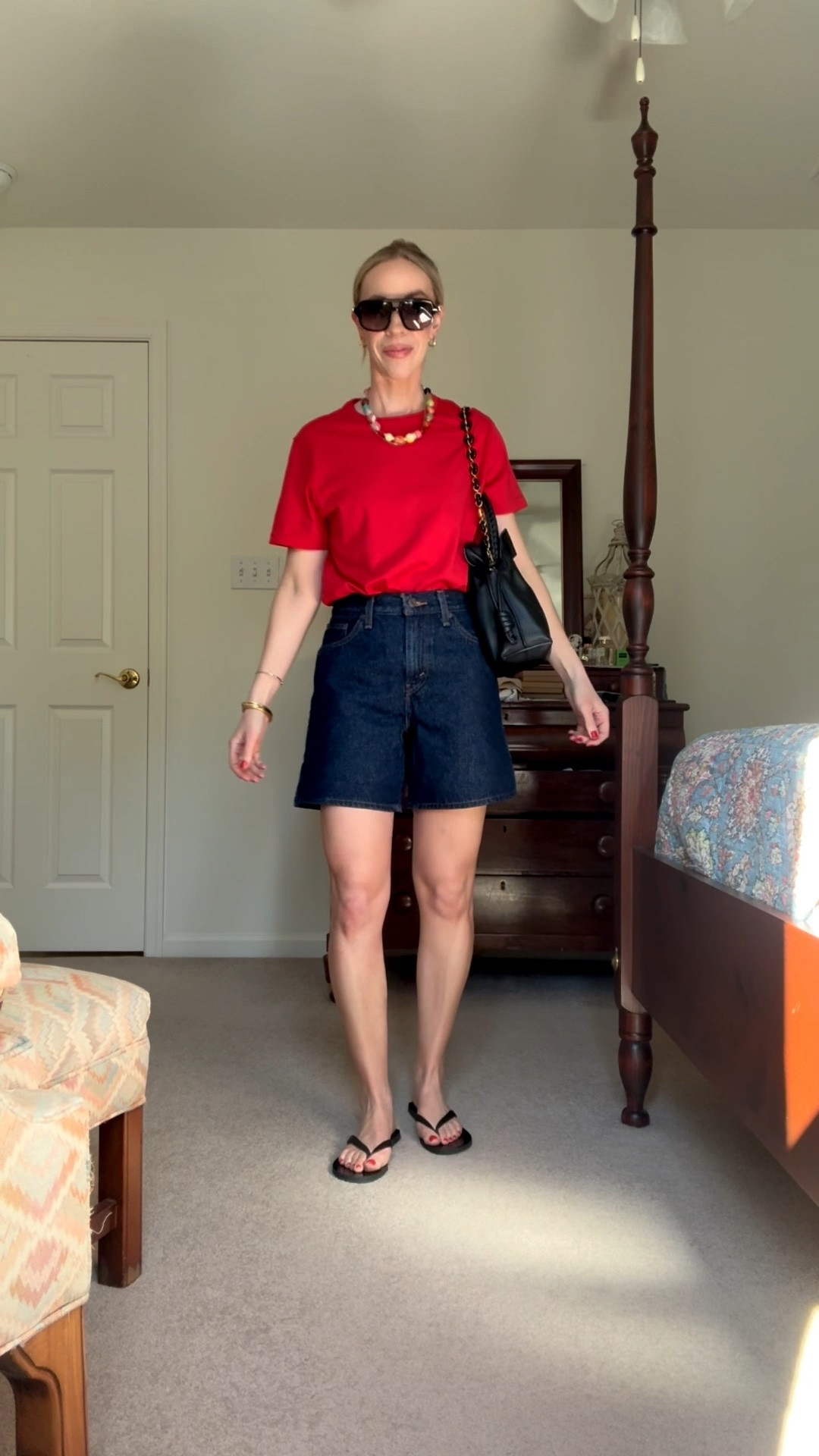 Casual summer outfit, red tee, @levi dark rinse high rise denim shorts, thong sandals, beaded necklace

#LTKdayinmylife #LTKootd #LTKgrwm