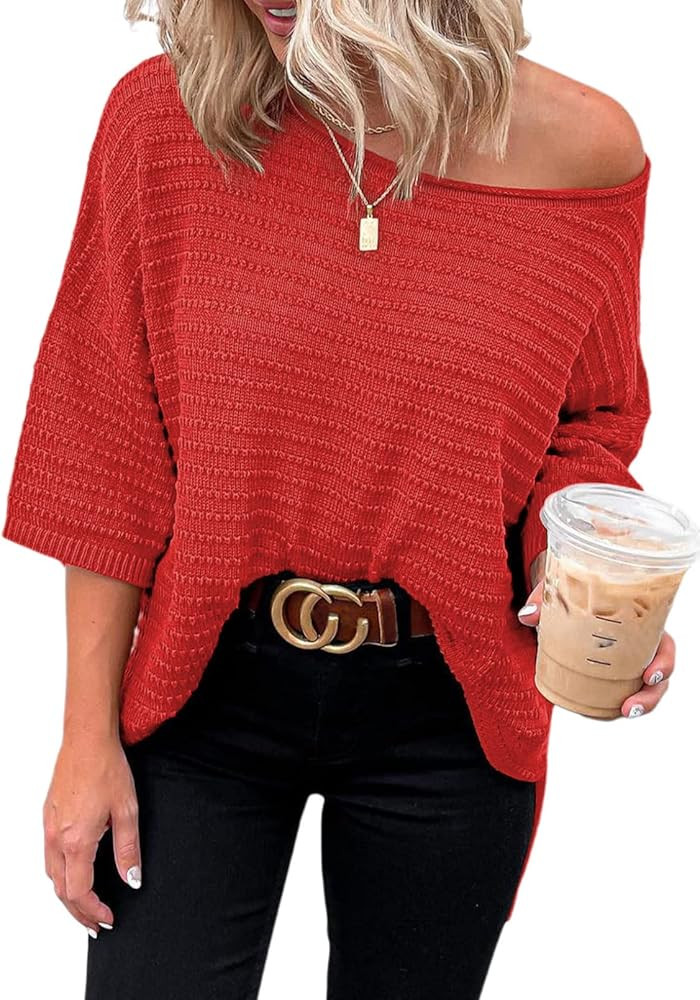 Dokotoo Womens Fashion Ladies Summer Scoop Neck 3/4 Short Sleeve Tunic Tops and Blouses Solid Col... | Amazon (US)