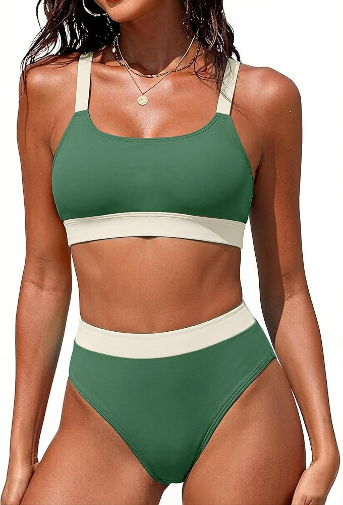 ZINPRETTY Women High Waisted Bikini Sets Color Block Swimsuits 2 Piece Bathing Suits Tummy Contro... | Amazon (US)
