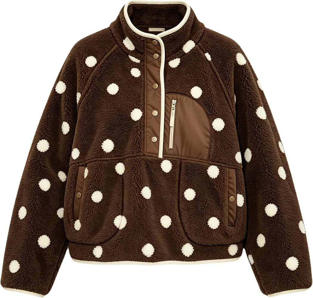 InterNos Womens Polka Dot Funnel Neck Sherpa Fleece Pullover Half Snap Coat | Amazon (US)