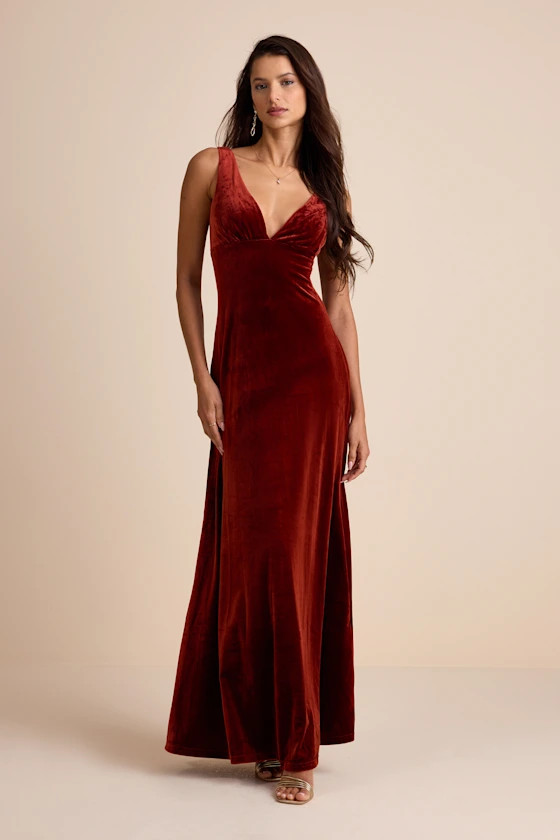 Decadent Evening Rust Orange Velvet Sleeveless Maxi Dress | Lulus