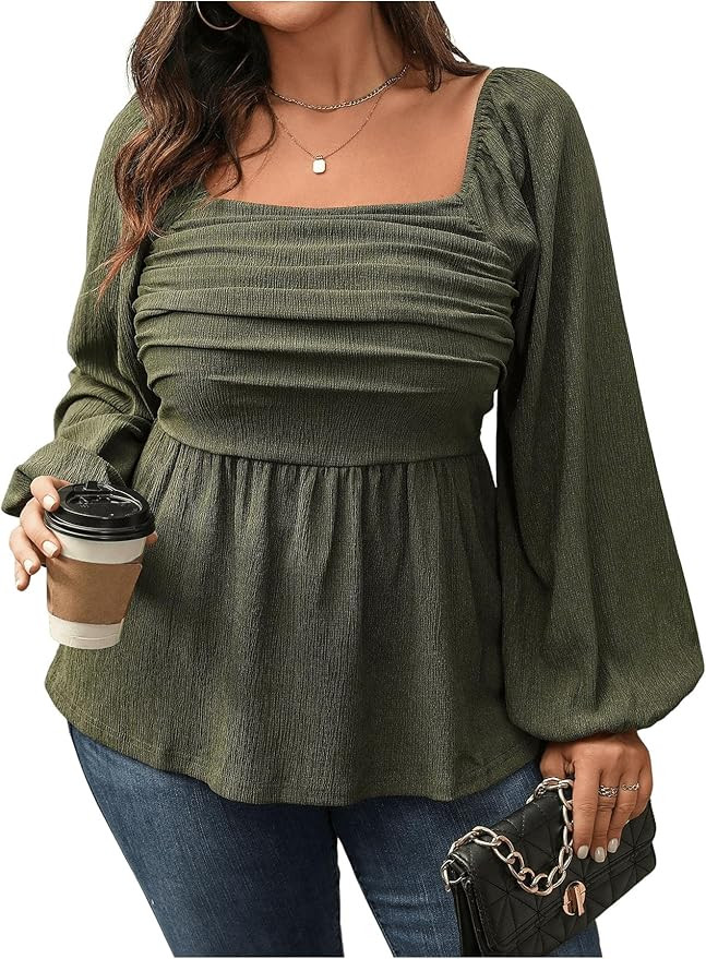 Floerns Women's Plus Size Square Neck Lantern Long Sleeve Ruffle Hem Peplum Blouse Top | Amazon (US)