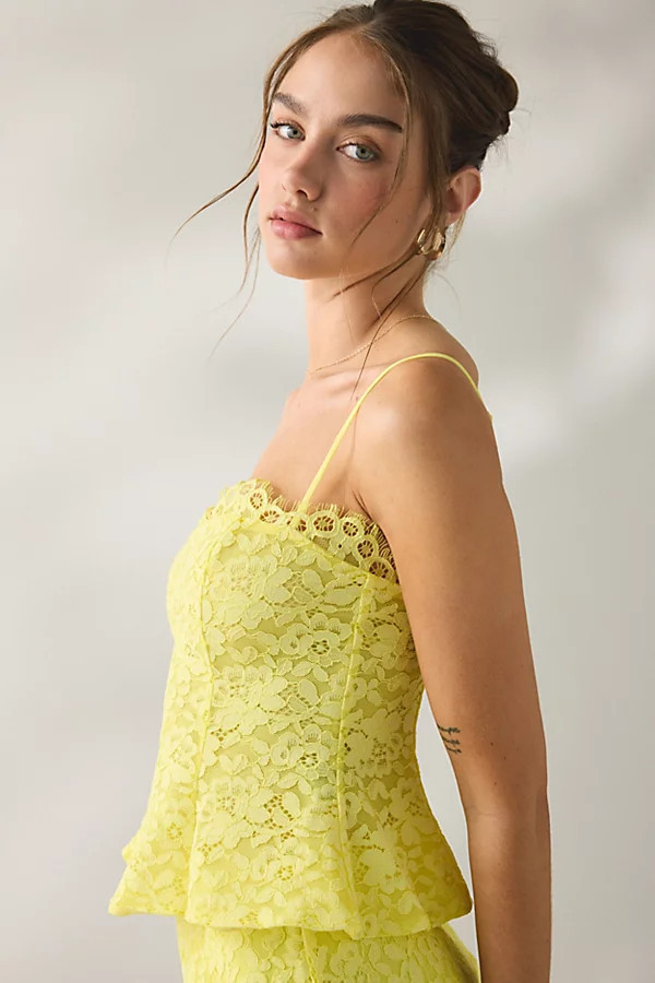 AFRM Ari Limelight Lace Peplum Camisole in Limelight, Women's at Urban Outfitters | Urban Outfitters (US and RoW)