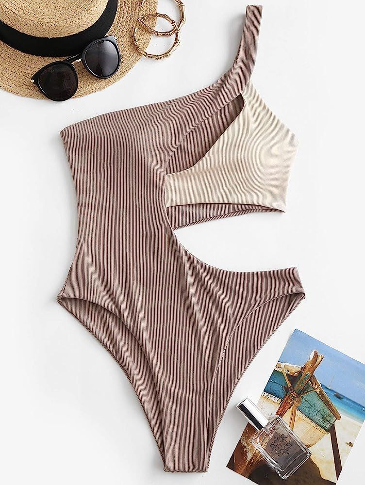 ZAFUL Women's One Shoulder Ribbed Bikini Colorblock Cutout One-Piece Swimsuit Swimwear | Amazon (US)