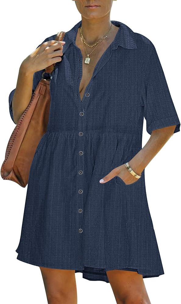 PYGFEMR Women's Summer Dress 2025 Short Sleeve Babydoll Tiered Button Down T Shirts Dresses with ... | Amazon (US)