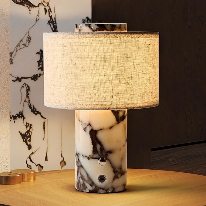 Calacatta Viola Marble Table Lamp, Rechargeable Cordless Touch Dimmable, Natural Stone & Linen Sh... | Amazon (US)