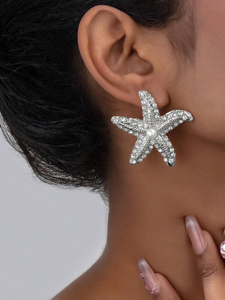 1 Pair Women's Elegant Diamond-Studded Starfish Stud Earrings, Shiny & Suitable For Everyday And Holiday Wear | SHEIN