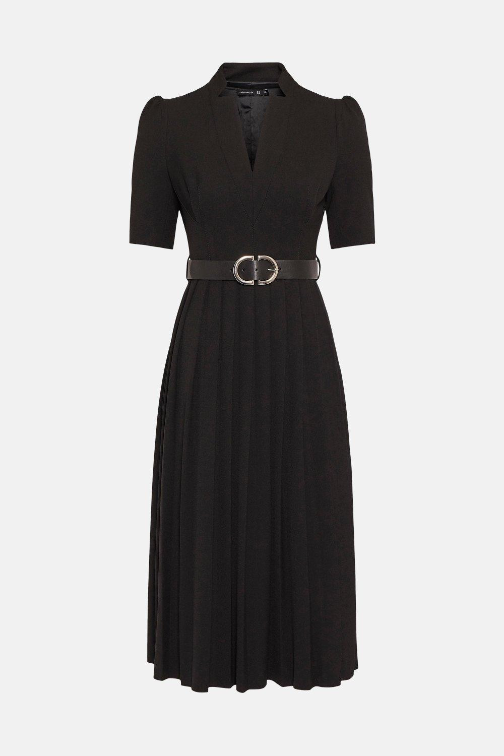 Structured Crepe Forever Pleat Belted Dress | Karen Millen US