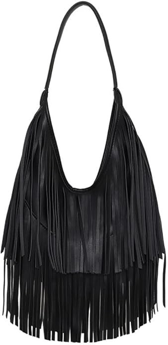 Faux Leather Fringed Hobo Bag Medium Slouchy Shoulder Handbag for Women | Amazon (US)