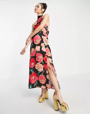 Topshop halter neck satin midi dress with in bold floral | ASOS (Global)