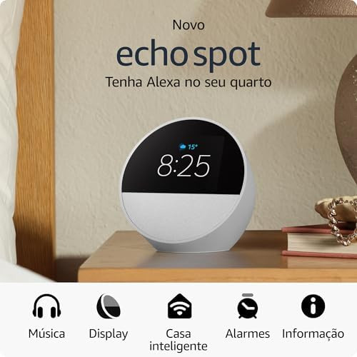 Novo Echo Spot com Alexa (2024) | Despertador inteligente com som vibrante | Cor Branca | Amazon (BR)