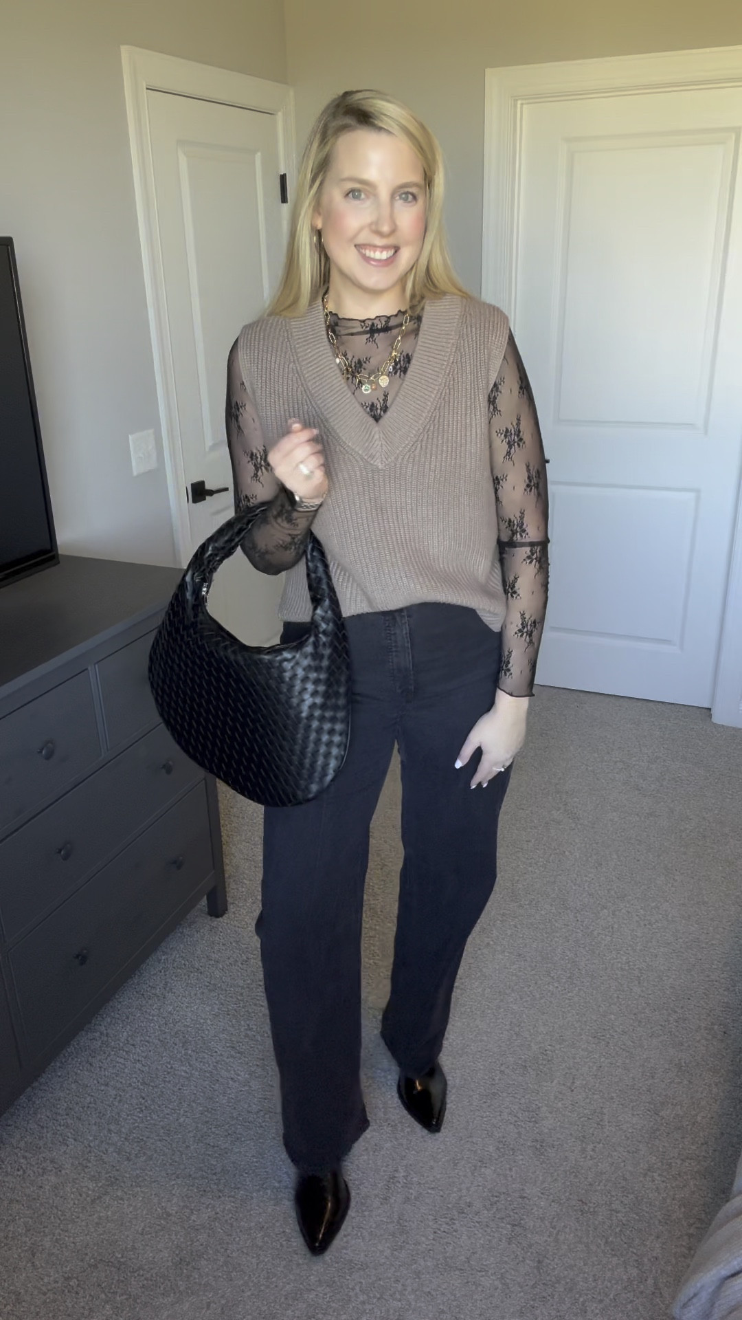 6 Days of Thanksgiving Outfits - day four - dress up a sweater vest with a trendy long sleeve lace top and add oversized denim. Perfect combo for turkey day! 

#LTKSeasonal #LTKHoliday #LTKMidsize