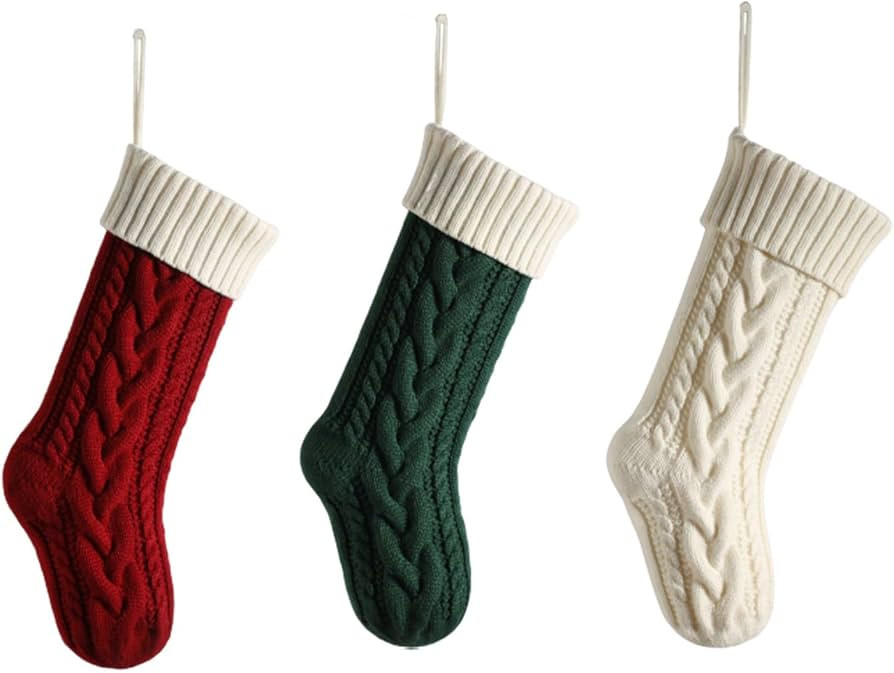 Indeka Home Christmas Stockings - Set of 3 Knitted Santa Christmas Stocking - White, Green and Re... | Amazon (UK)