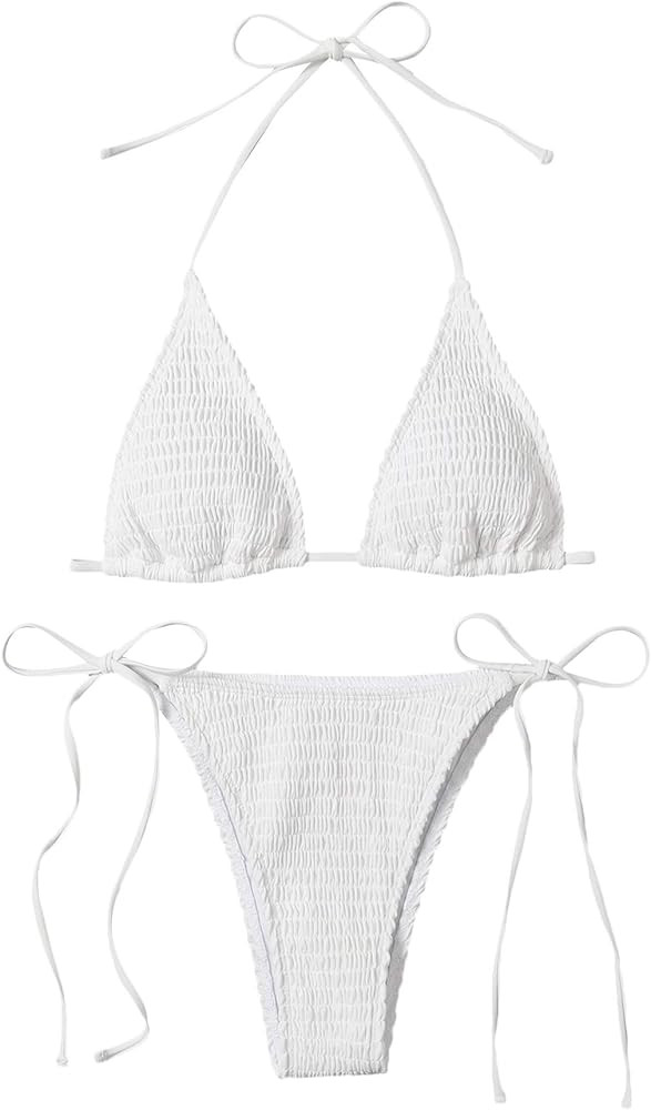SweatyRocks Women's 2 Piece Triangle Bathing Suit Halter Top ​Tie Side Thong Bikini Swimsuits | Amazon (US)