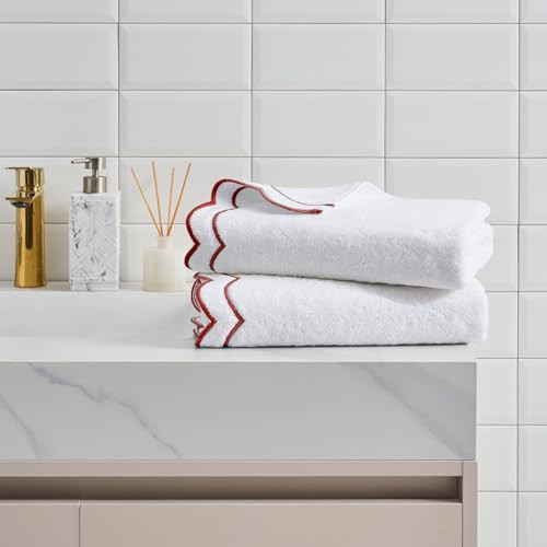 Peri Home 2 Piece Bath Towel Set, 500 GSM, 100% Cotton Towel for Bathroom, Embroidered, Soft & Absorbent, White with Chili Red Scallop | Amazon (US)
