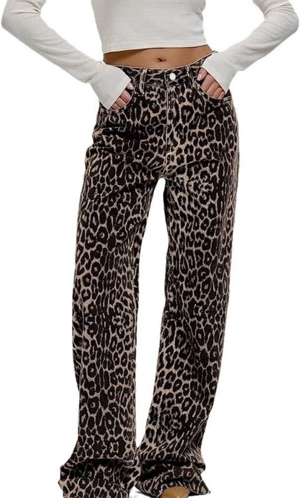 Leopard Print Jeans for Women - Y2K Vintage Cheetah Print Pants, Wide Leg Low Waisted Pants for W... | Amazon (US)
