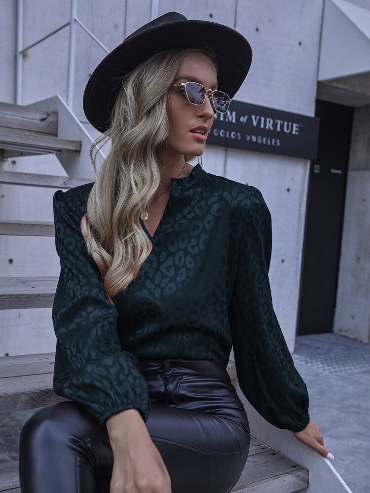 Frill Notched Neck Jacquard Satin Blouse | SHEIN