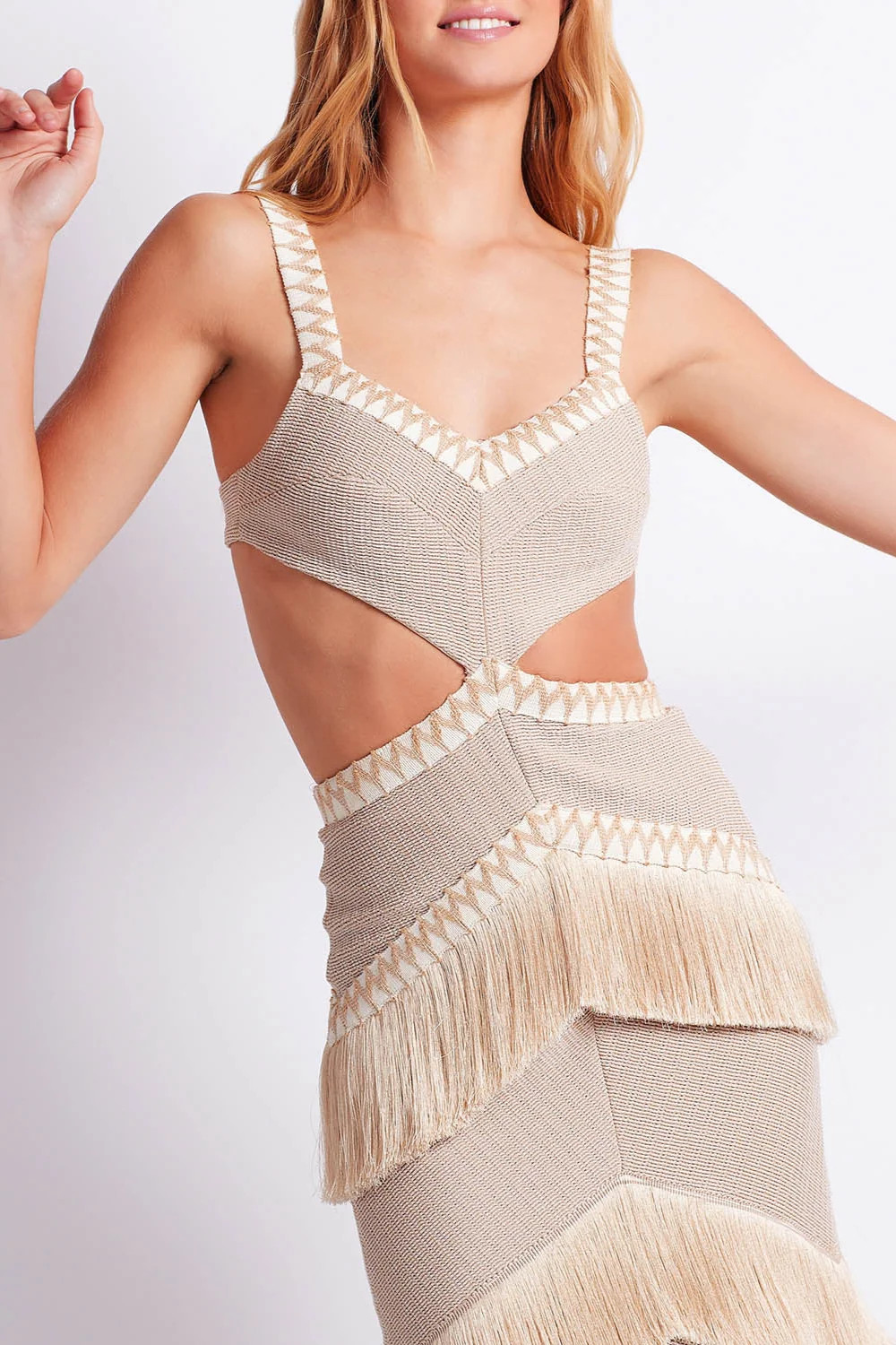Metallic Knit Maxi Dress with Fringe Trim | PatBO