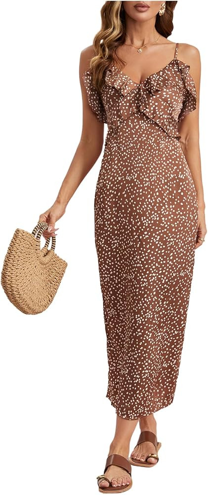 Floerns Women's Summer Long Dress Ruffle Trim Spaghetti Strap Slit Beach Vacation Cami Dresses | Amazon (US)