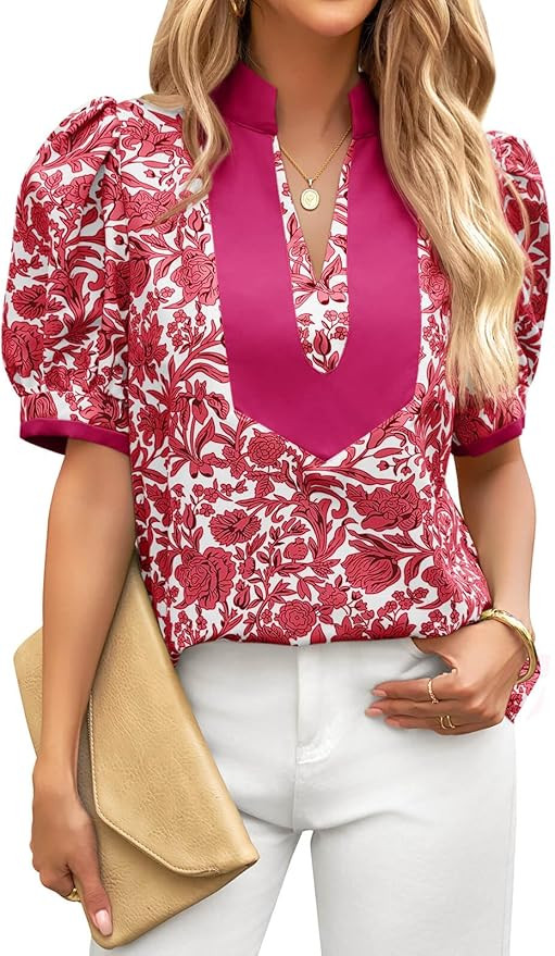 Cicy Bell Womens Floral Short Puff Sleeve Tops V Neck Patchwork Boho Summer Blouses Dressy Casual... | Amazon (US)