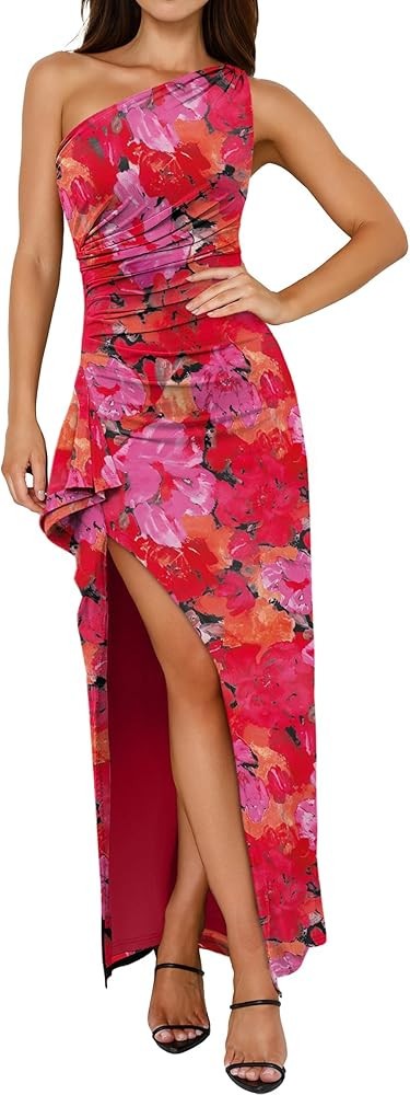 Prinbara Womens One Shoulder Floral Bodycon Maxi Dress 2025 Summer High Split Cocktail Party Wedd... | Amazon (US)