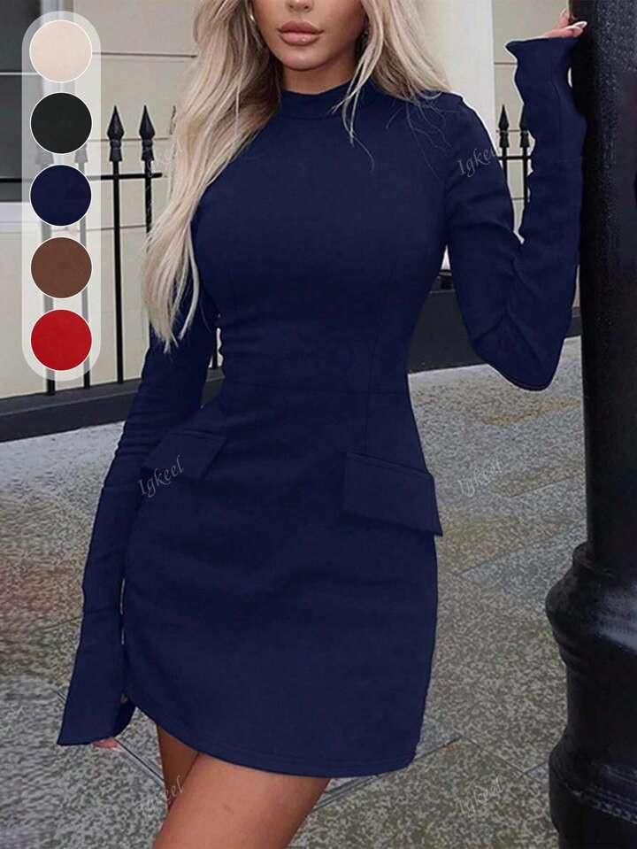 Elegant Navy Blue Long Sleeve Slim Fit Solid Color Mini Dress, Suitable For Spring & Autumn | SHEIN