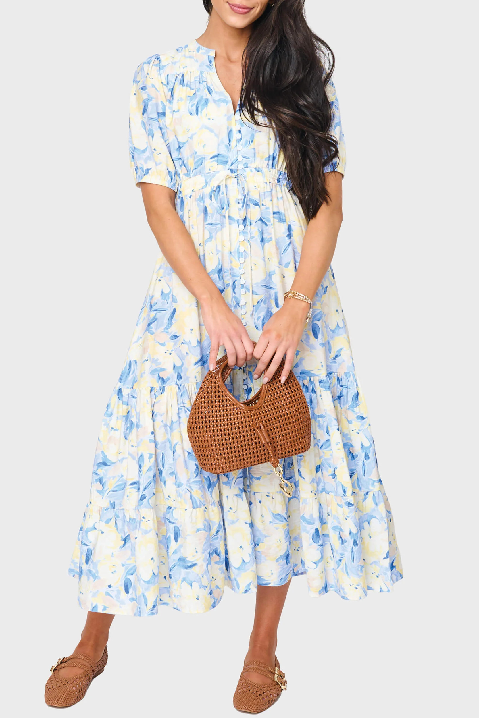 Kira Drawstring Midi Dress | Chiffon Button Front Dress | Gibson