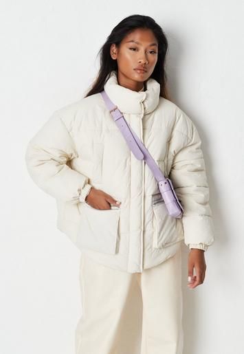 Missguided - Ecru Zip Through Pocket Puffer Coat | Missguided (US & CA)