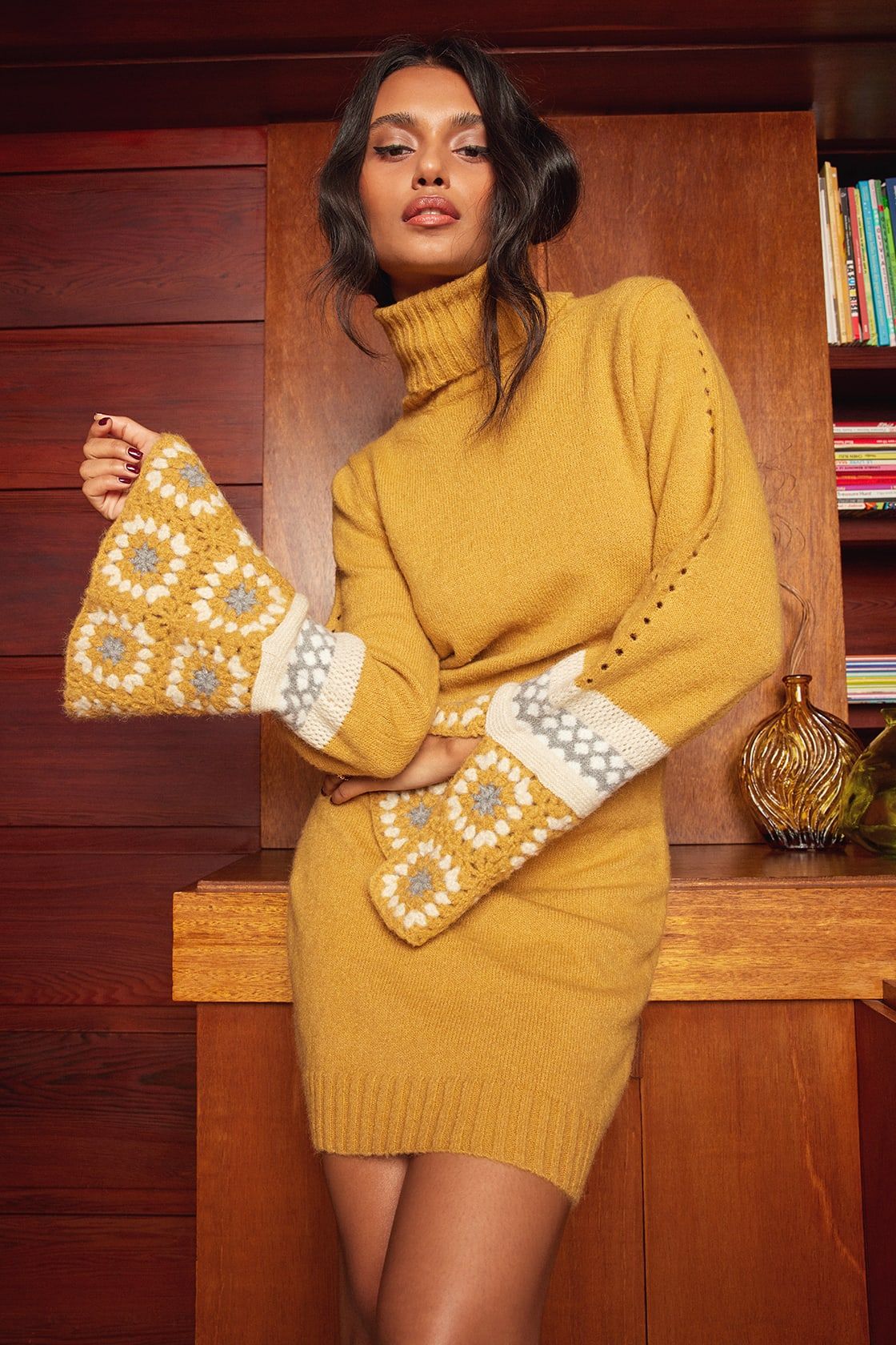 It's Groovy Mustard Yellow Multi Knit Turtleneck Sweater Dress | Lulus (US)